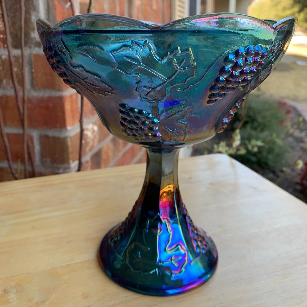 Vintage Indiana Glass Blue Carnival Glass Harvest Grape Compote pedestal dish